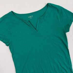Loft Outlet Green Slub Cotton Split Neck Short Sleeve T-Shirt Small